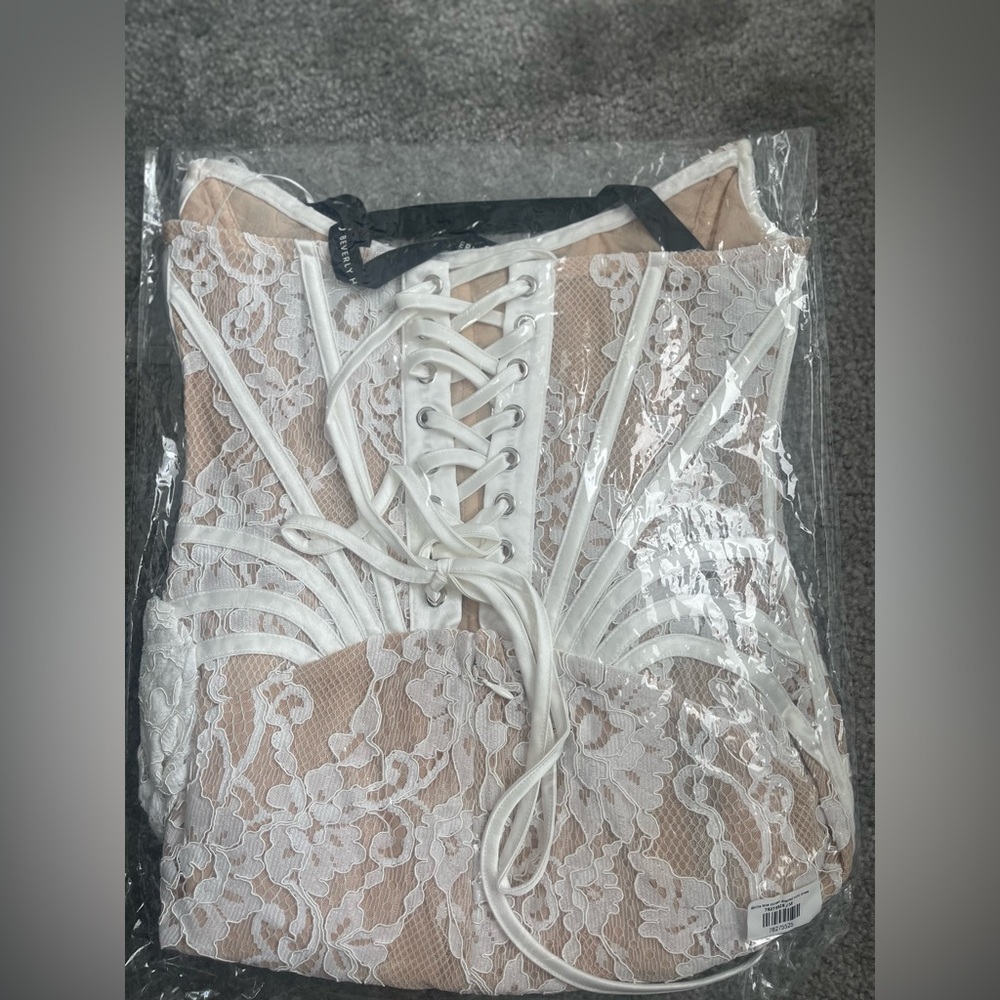 Heiress Beverly Hills Lace Mesh Corset Drape Mini Dress - Picture 6 of 6